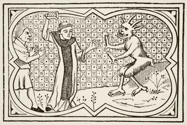 The Devil Attempts to Seize a Magician Who Had Formed a Pact with Him but is Prevented by a Lay Brother, after a Miniature from the 13th Century 